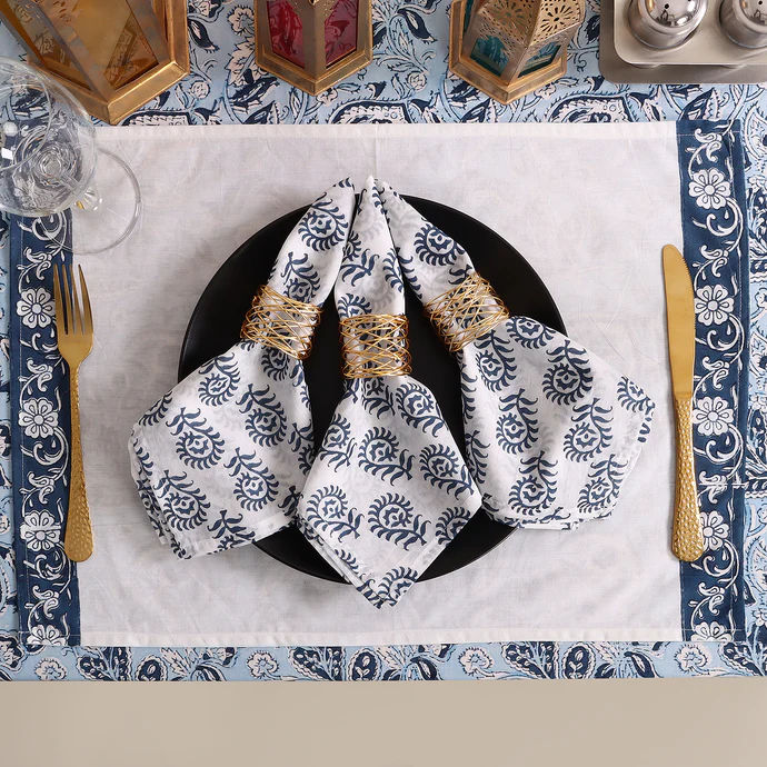 Traditional Hand Block Blue Floral Print Cotton Table Cover 6 Seater